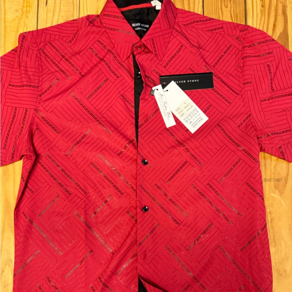 Silver Stone Collection Men's Short Sleeve Button Up Shirt, Greek Meander Design